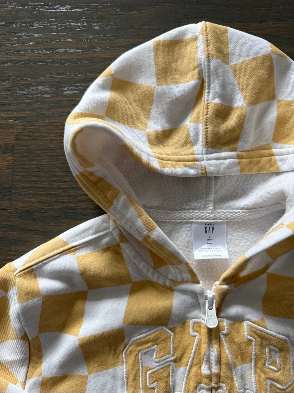 Baby Gap 3T Checkerboard Zip Hoodie Yellow White Logo